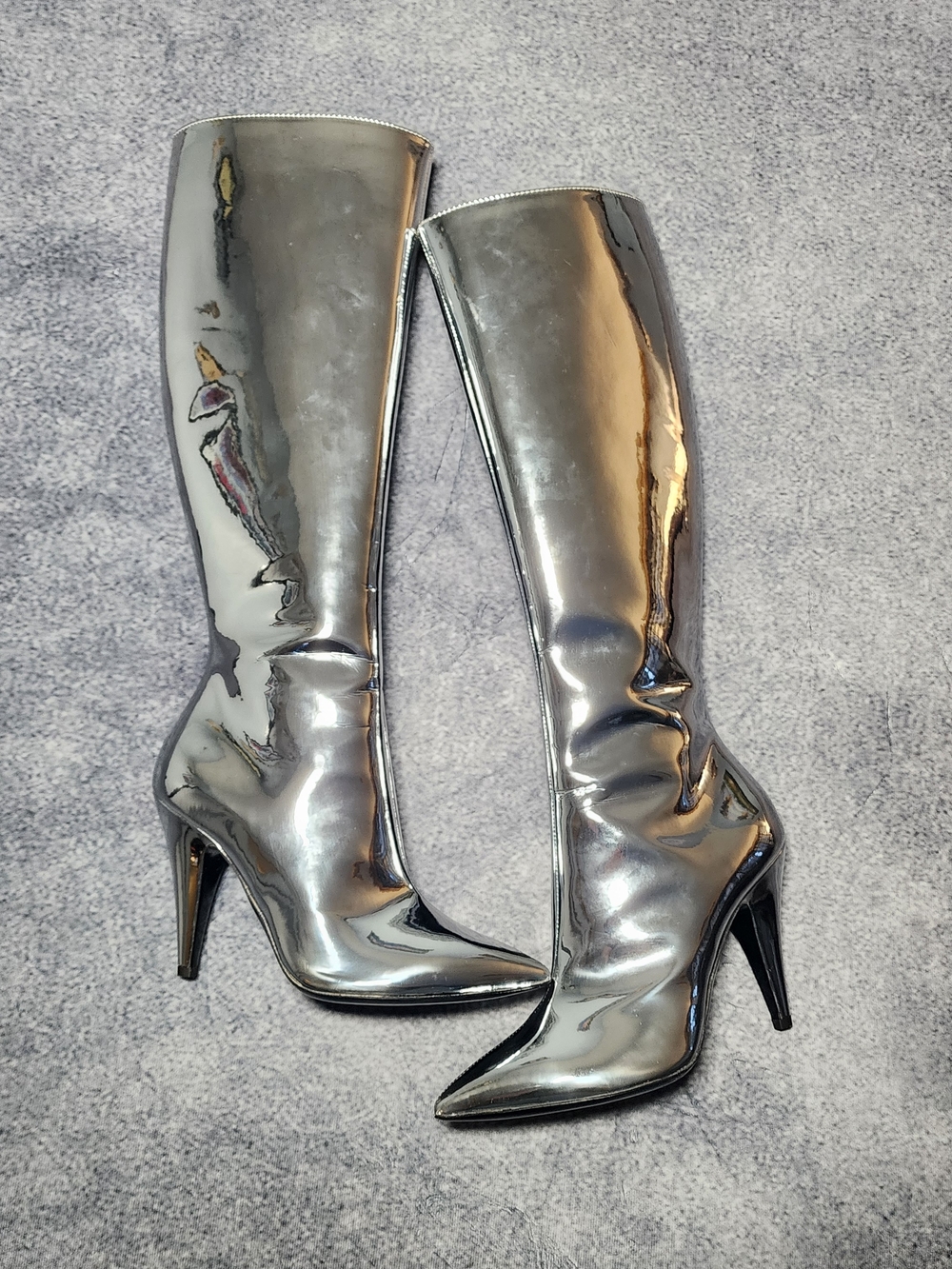 Moschino Tina 100 MM - Metallic Silver Knee-High Stiletto Boots